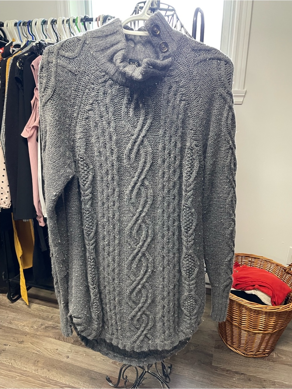 twik Charcoal Cable-Knit Buttoned Turtleneck Sweater